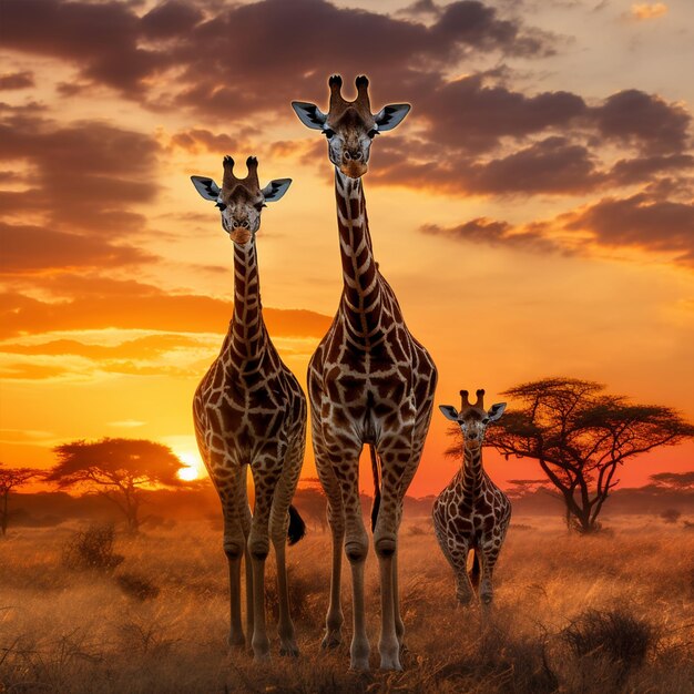 Giraffe africane al tramonto che vagano graziosamente nella savana