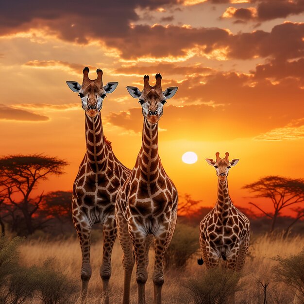 Giraffe africane al tramonto che vagano graziosamente nella savana