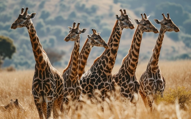 giraffe che si muovono in sincronia attraverso la savana