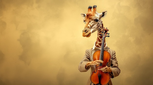 Giraffe con le mani umane che suonano il violino vestita in una giacca elegante contro un tessuto