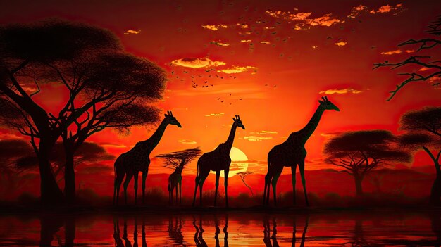 Giraffe in Africa durante il tramonto