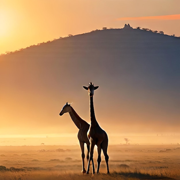 Giraffe nella savana africana al tramonto Parco nazionale del Serengeti Tanzania Africa Formato banner