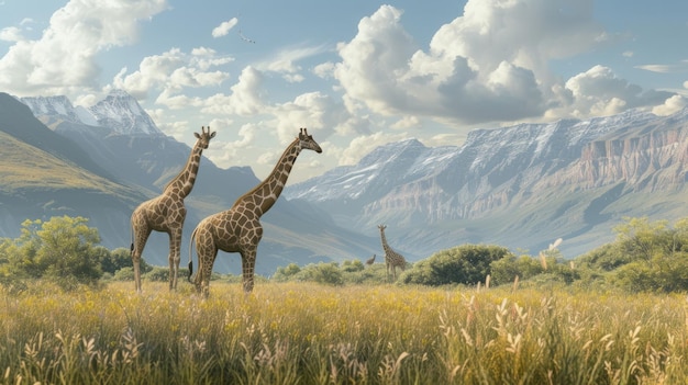 giraffe nella savana con sfondo di montagna