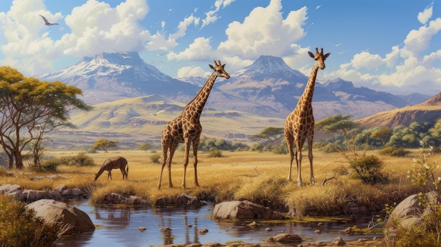 giraffe nella savana con sfondo di montagna