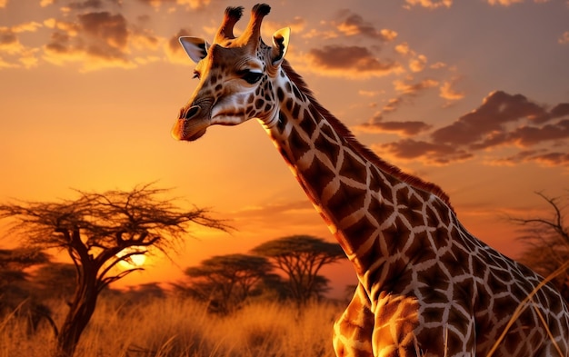 Giraffe's Sunset Sojourn in the Savannah Generative Ai