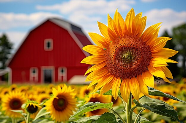 Girasole con un fienile rosso sullo sfondo