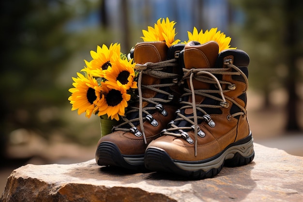 Girasole con un paio di stivali da trekking nelle vicinanze