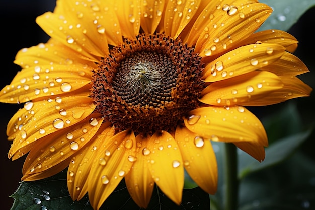 Girasole da vicino con goccioline d'acqua IA generativa