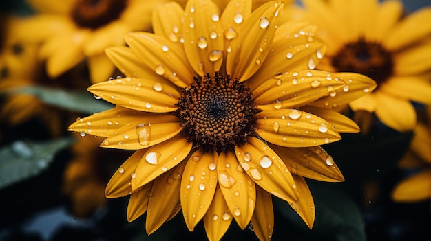 girasole giallo con gocce d'acqua sui petali
