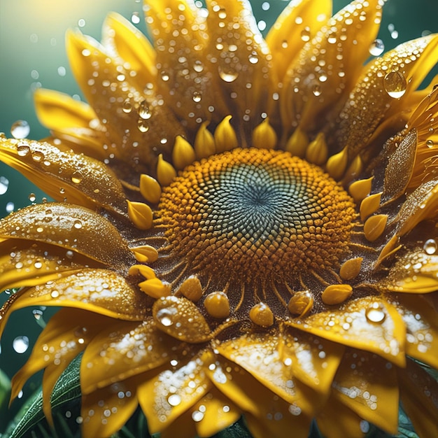 Girasole primaverile ed estivo con gocce d'acqua