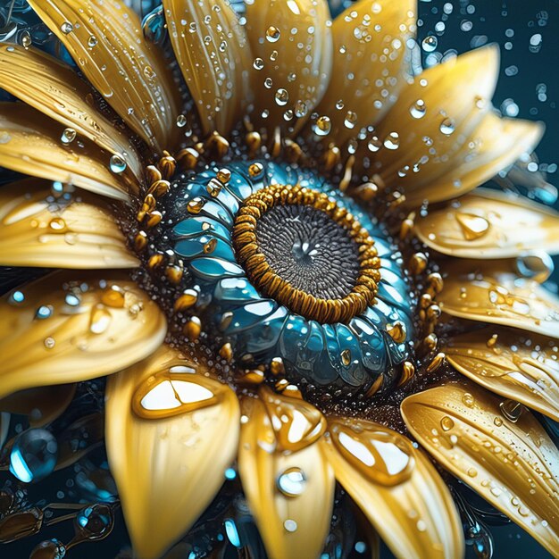 Girasole primaverile ed estivo con gocce d'acqua