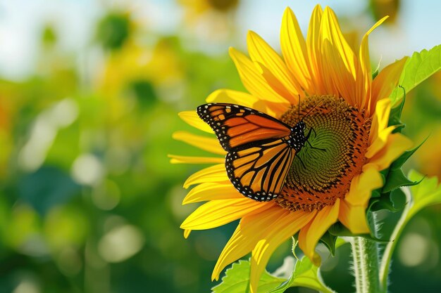 Girasole scoppiante con una farfalla in visita