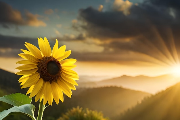 Girasoli in montagna con uno sfondo tramonto