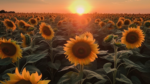 Girasoli in un campo al tramonto