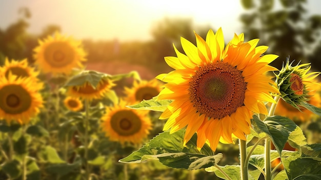 Girasoli in un campo con il sole che splende in alto