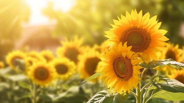 Girasoli in un campo con il sole che splende in cima