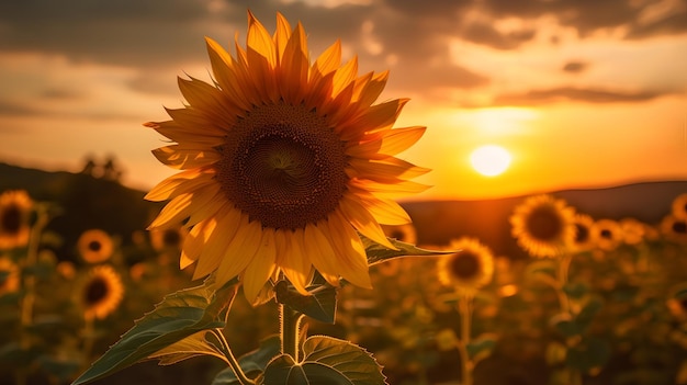 Girasoli in un campo con il sole che tramonta dietro di loro