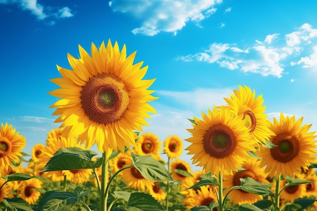 Girasoli in un campo con il sole dietro di loro