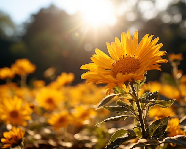 Girasoli in un campo con il sole sullo sfondo