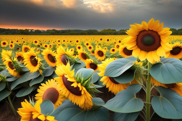 Girasoli in un campo con un cielo nuvoloso