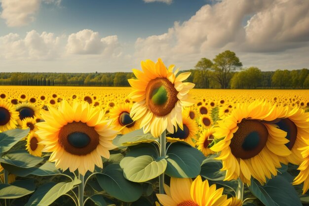 Girasoli in un campo con un cielo nuvoloso