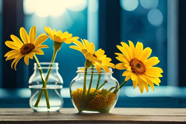 girasoli in un vaso con acqua e girasoli.