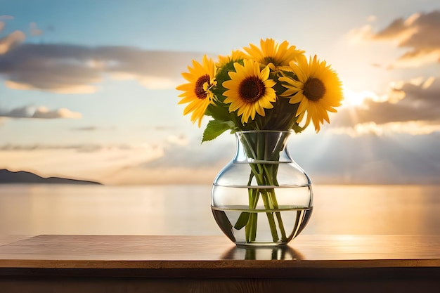 girasoli in un vaso su un tavolo con il sole che tramonta dietro di loro.