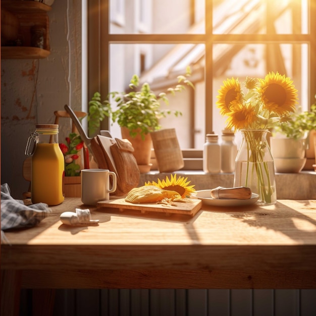 Girasoli in un vaso su un tavolo di legno in cucina