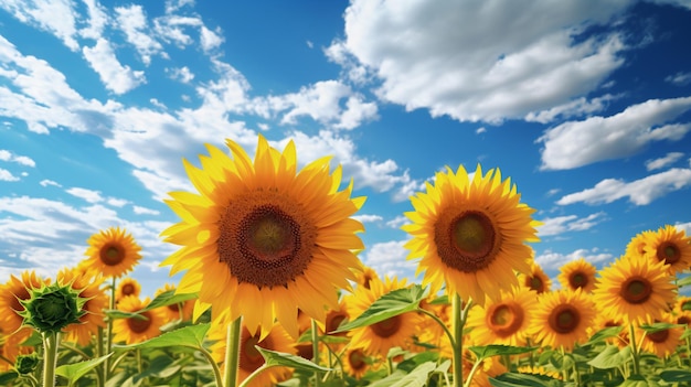 Girasoli radianti che danzano in un cielo blu catturati da GenerativeAI