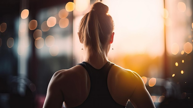 Girato dalla parte posteriore della bella donna atletica che entra in palestra Giorno di allenamento donna sollevamento pesi