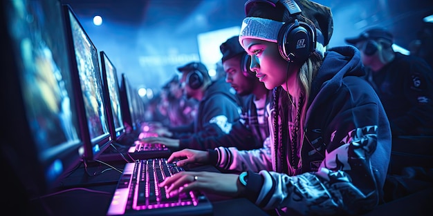 Girl Gamer gioca a MMORPG Strategy Video Game Partecipando a un torneo di esports online