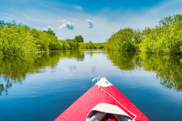 Gita in kayak sul paesaggio fluviale blu e sulla foresta verde con alberi nuvole d'acqua blu cielo