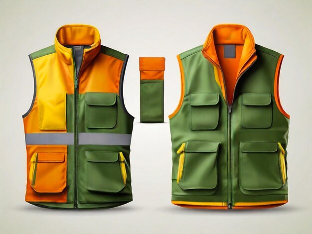 Giubbotto di sicurezza isolato, uniforme di sicurezza per il traffico e i lavoratori, giubbotto verde fluorescente vettoriale, modello 3D realistico con strisce riflettenti e zip, abbigliamento di protezione personale