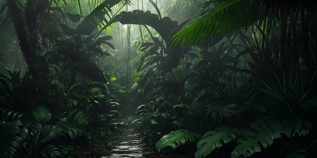 Giungla durante forti piogge Foresta tropicale scura con piante esotiche palme grandi foglie e felci Boschetto spaventoso della foresta pluviale Corsi d'acqua vegetazione verde bagnata e terreno AI generativa