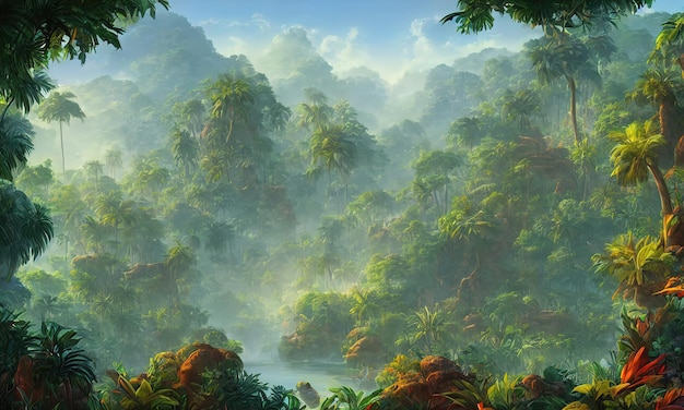 Giungla fogliame tropicale di palme Foresta pluviale foglie verdi sfondo illustrazione 3d