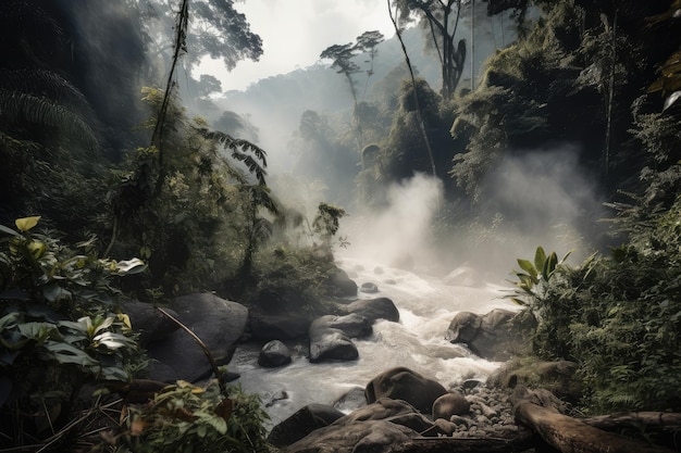 Giungla fumosa con vista sul fiume impetuoso e sulle cascate