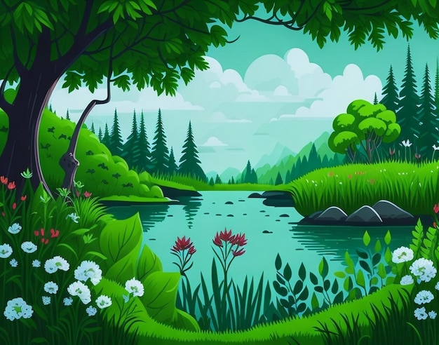 Giungla in stile cartone animato Scena forestale con lago e alberi Sfondo del paesaggio naturale Generato dall'intelligenza artificiale