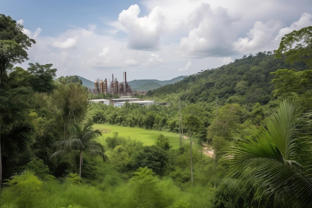 Giungla incontaminata con vista dell'impianto chimico in lontananza creata con l'IA generativa