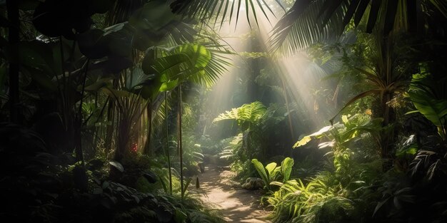 Giungla pluviale tropicale foresta profonda con la luce dei raggi di beab che splende Vibe di avventura all'aperto della natura