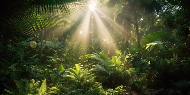 Giungla pluviale tropicale foresta profonda con la luce dei raggi di beab che splende Vibe di avventura all'aperto della natura