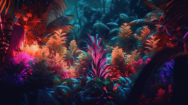 Giungla tropicale di tendenza scura con illuminazione illuminata al neon Palme e piante esotiche in stile retrò