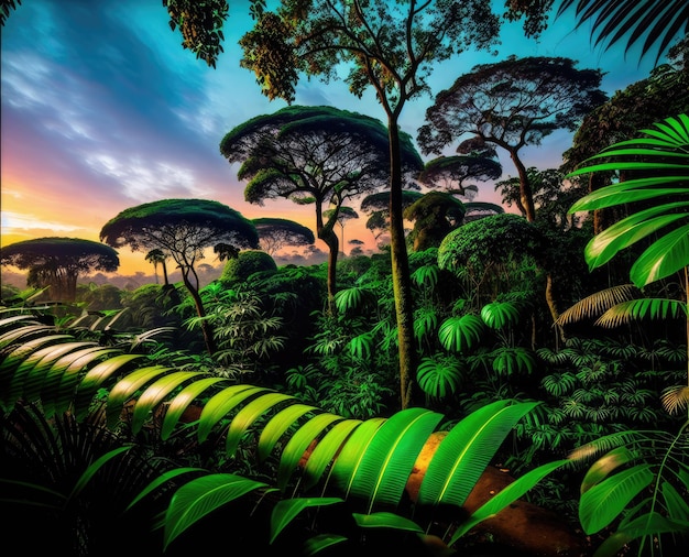 giungla tropicale in una bellissima foresta al tramonto il concetto del paesaggio notturno nel cielo