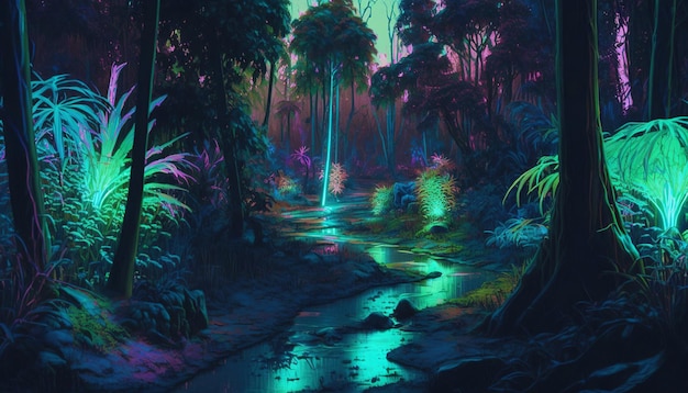 Giungla tropicale in vivaci colori sfumati al neon Foresta pluviale Synthwave AI generativa