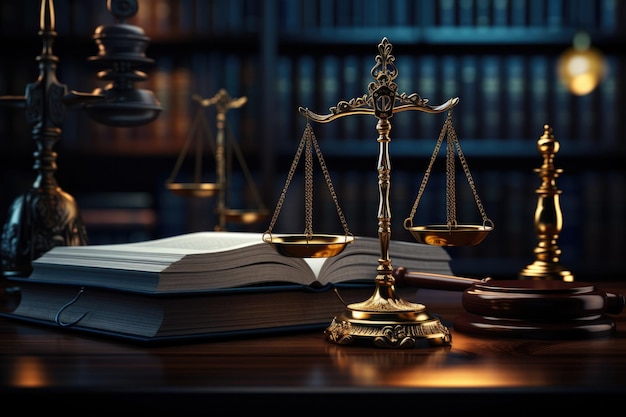 Giustizia e libro giuridico su tavolo di legno servizi legali consulenza concetto di giustizia IA generativa
