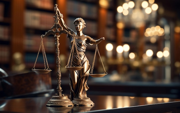 Giustizia equilibrata Statua di Lady Justice sulla scrivania dell'avvocato Generative Ai