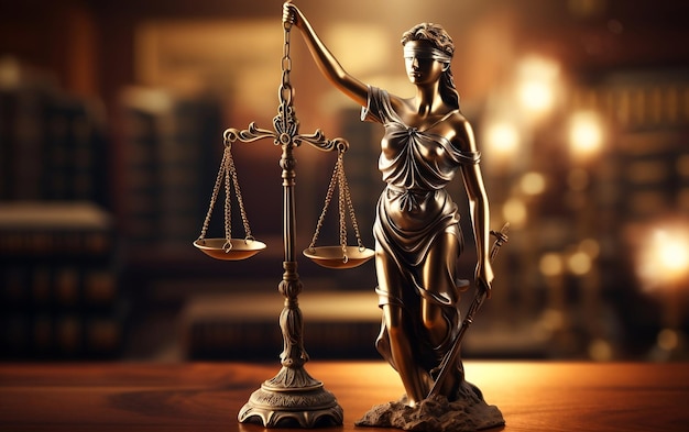 Giustizia equilibrata Statua di Lady Justice sulla scrivania dell'avvocato Generative Ai