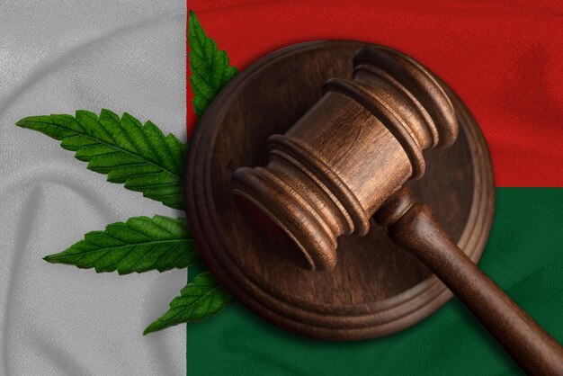 Giustizia martello di legno con foglia di cannabis sulla bandiera del Madagascar Crescita illegale della pianta di cannabis e diffusione di droghe