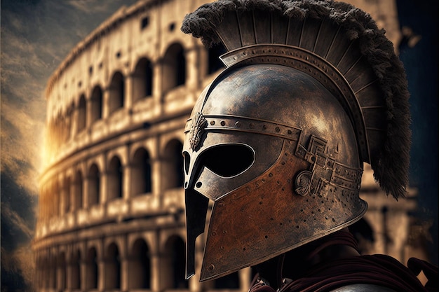 Gladiatore con elmo spaventoso, Colosseo sullo sfondo. IA generativa