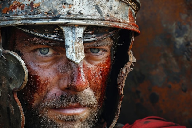 Gladiatore maschio serio con il sangue in faccia.