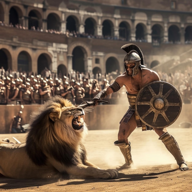 Gladiatore nel Colosseo feroce guerriero nell'iconica arena romana incarnazione dell'antico combattimento storico